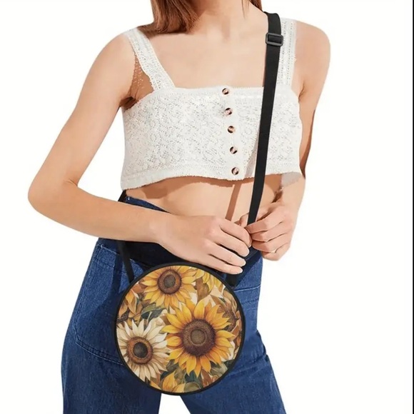 Sunflower Round Canteen Style Crossbody Bag Backpack Black Yellow Orange New - Picture 3 of 12